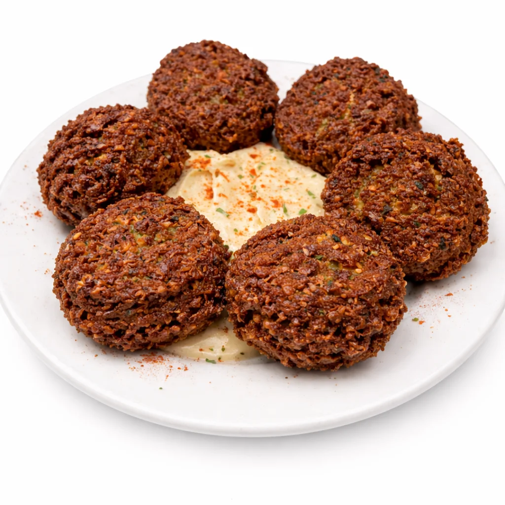Six crispy golden brown falafel balls arranged in a circle over a bed of smooth hummus