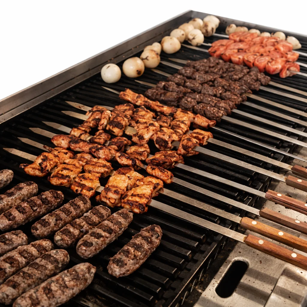 Assorted Middle Eastern meat kebabs and chicken skewers cooking over a long open flame grill