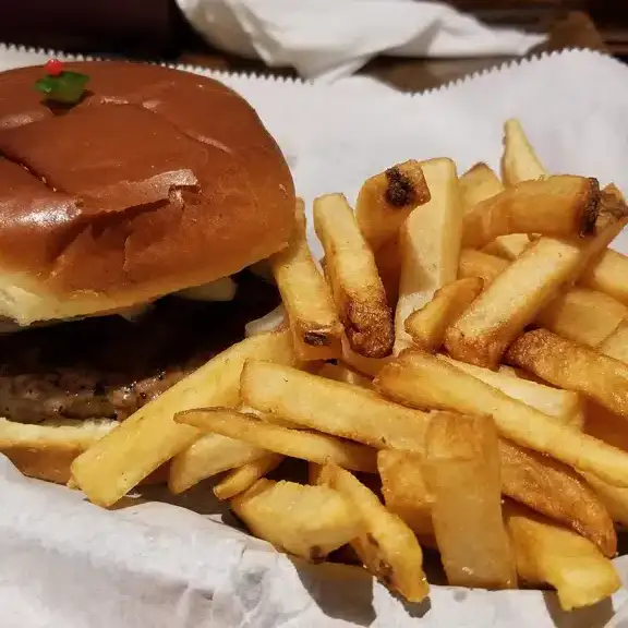 Classic grilled beef burger in a bun served with a generous basket of golden french fries