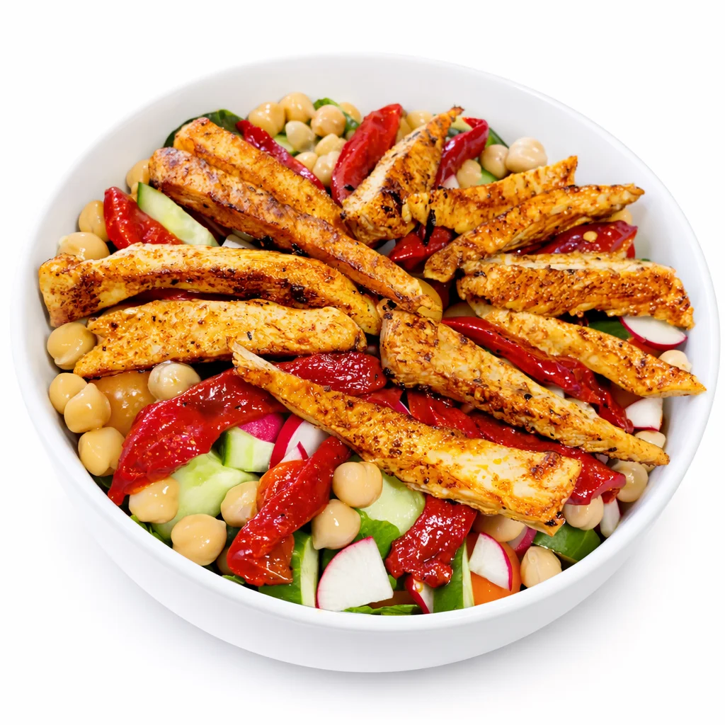 Healthy Mediterranean bowl filled with grilled chicken strips, chickpeas, radishes, and cucumbers